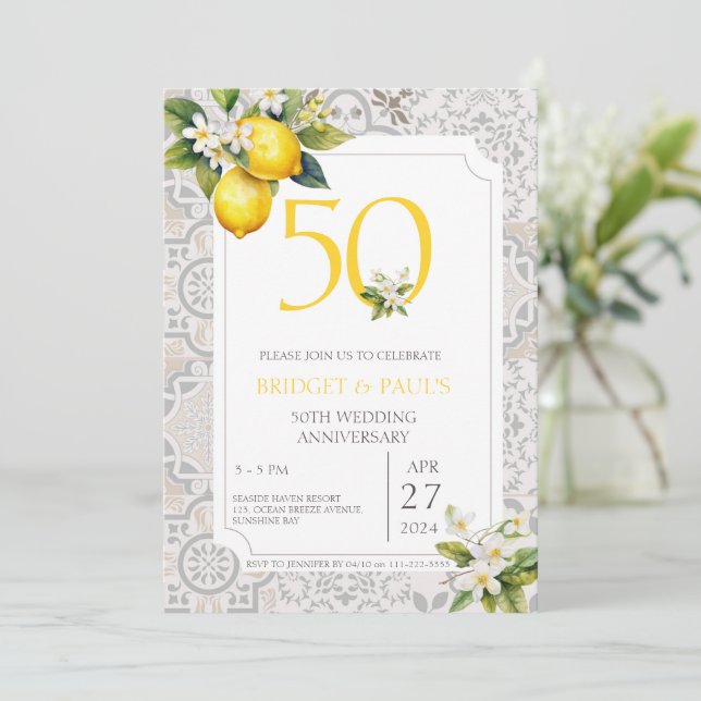 Mittelmeerlemon Tiles 50. Hochzeitstag Einladung (Stehend Vorderseite)