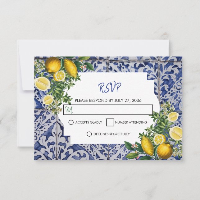 Mittelmeerlemonen Portugiesische Tiles Wedding RSVP Karte (Vorderseite)
