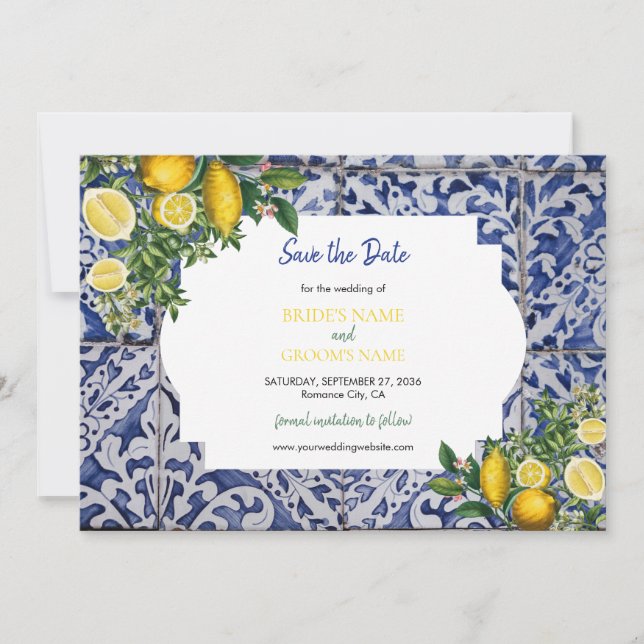 Mittelmeerlemonen Portugiesische Tiles Wedding Save The Date (Vorderseite)
