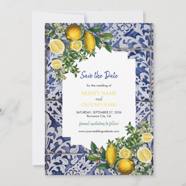 Mittelmeerlemonen Portugiesische Tiles Wedding Save The Date (Vorderseite)