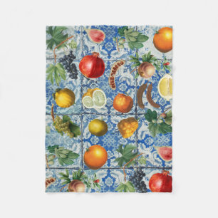 Mittelmeersommerfrucht und blaues weißes Mosaik Fleecedecke