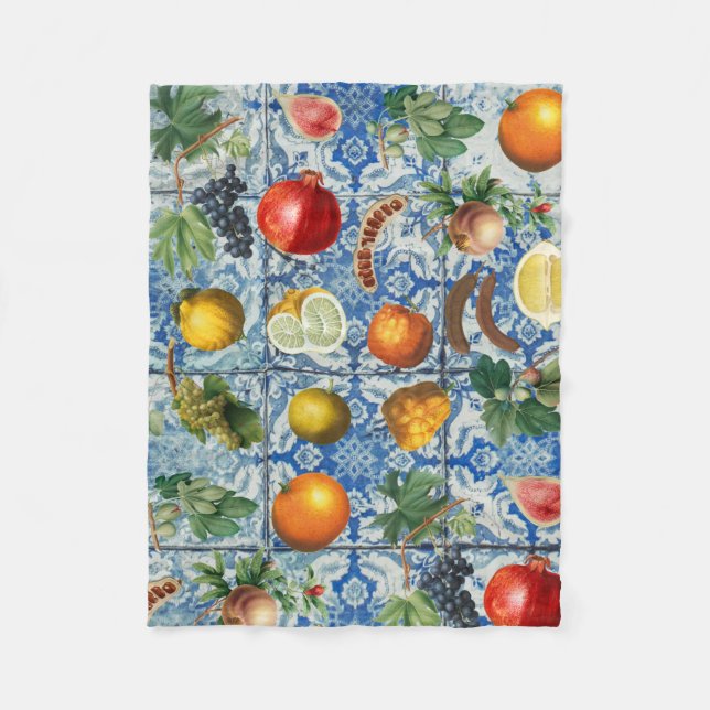 Mittelmeersommerfrucht und blaues weißes Mosaik Fleecedecke (Vorderseite)