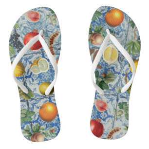 Mittelmeersommerfrucht und blaues weißes Mosaik Flip Flops