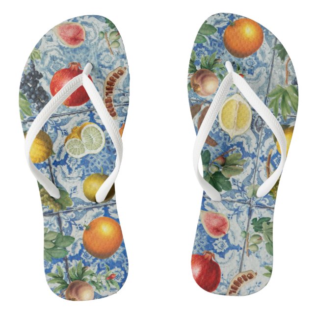 Mittelmeersommerfrucht und blaues weißes Mosaik Flip Flops (Fußbett)