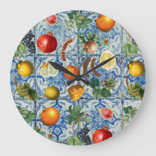 Mittelmeersommerfrucht und blaues weißes Mosaik Große Wanduhr