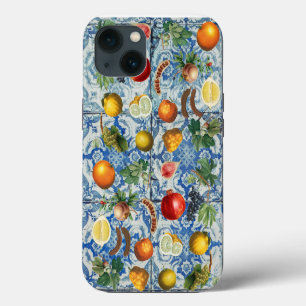 Mittelmeersommerfrucht und blaues weißes Mosaik iPhone 13 Hülle