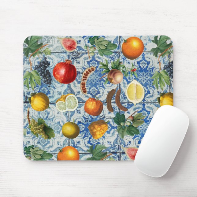 Mittelmeersommerfrucht und blaues weißes Mosaik Mousepad (Mit Mouse)