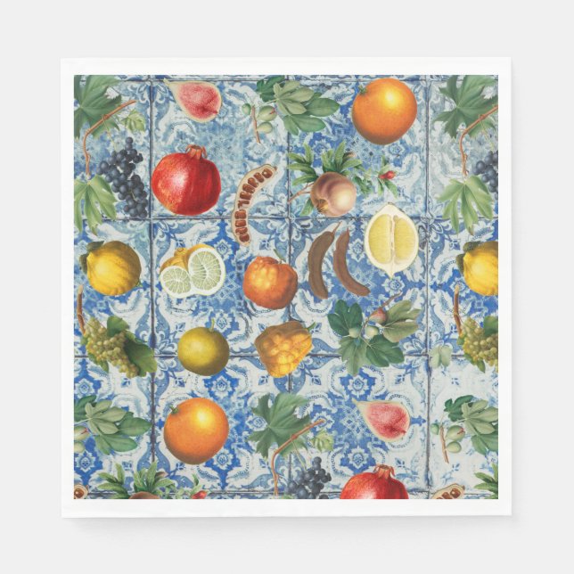 Mittelmeersommerfrucht und blaues weißes Mosaik Serviette (Vorderseite)