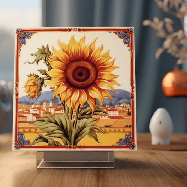 Mittelmeersonnenblume Fliese (Image depicts a ceramic tile with an illustration of a sunflower in a Mediterranean setting)