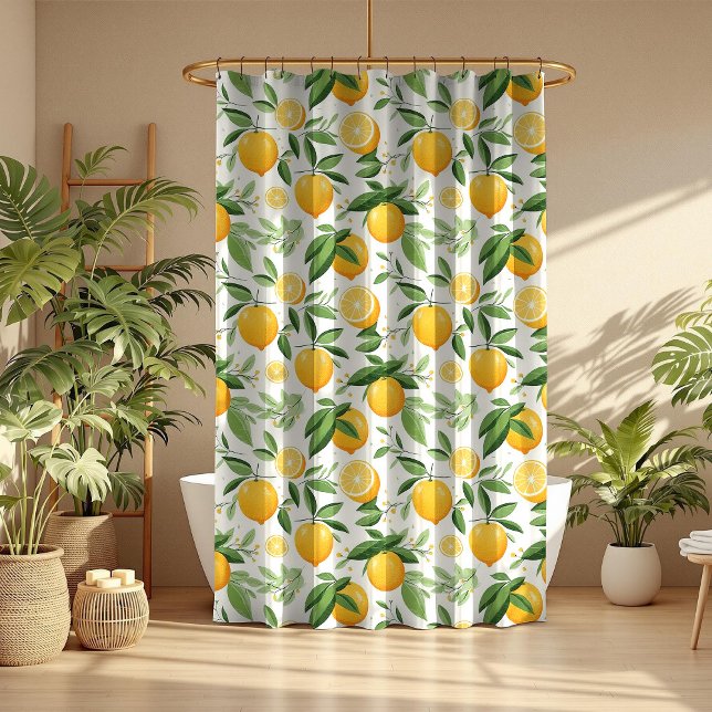 Mittelmeerzitrus Lemon Duschvorhang (Mediterranean Citrus Lemon Shower Curtain in a boho mocha bathroom with tropical botanicals)