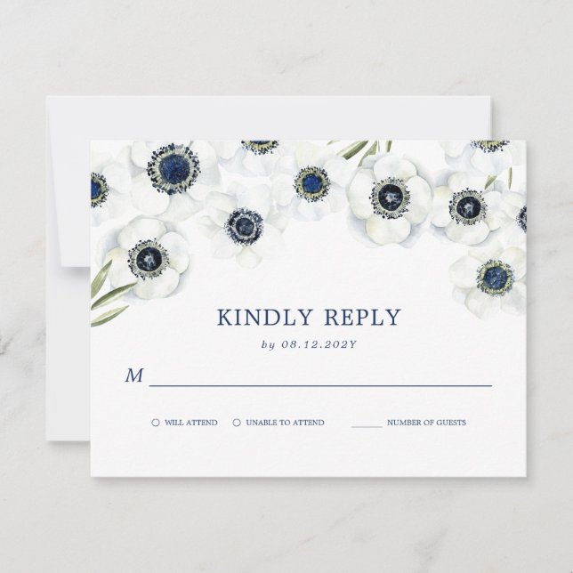 Mitternacht Anemone | Floral Wedding RSVP Karte (Vorderseite)