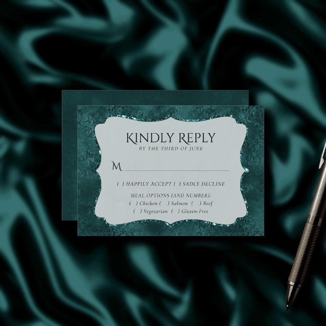Mitternacht Aquamarin Romance | Dark Satiny Damask RSVP Karte (Von Creator hochgeladen)