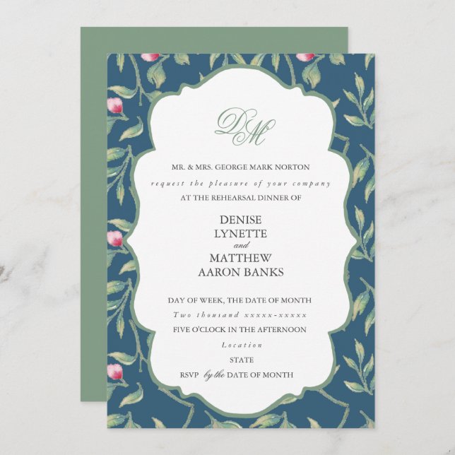 Mitternacht Aquamarin und Basil Green Probe Dinner Einladung (Vorne/Hinten)