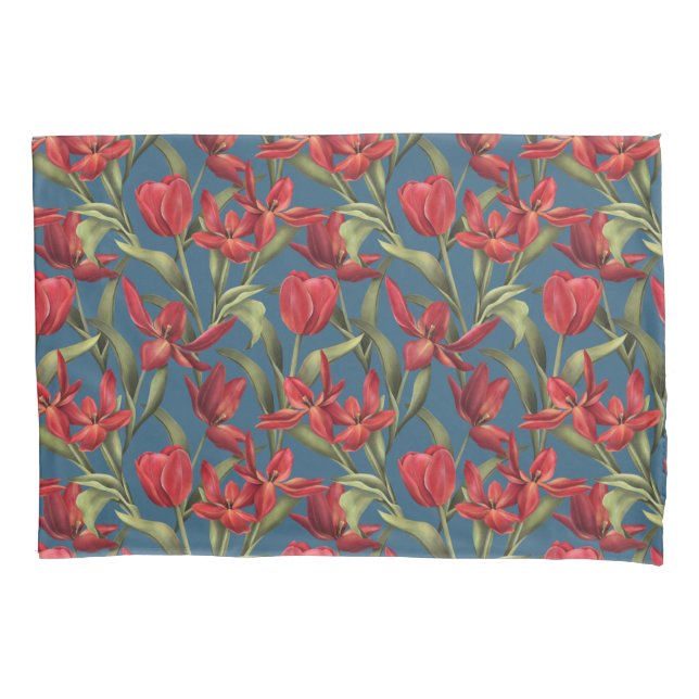 Mitternacht Aquamariner Hintergrund mit Red Tulips Kissenbezug (Vorderseite)