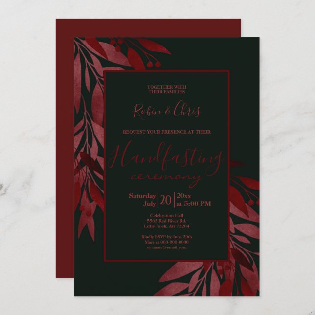 Mitternacht Berry Red Floral Striking Handfasts Einladung (Vorne/Hinten)