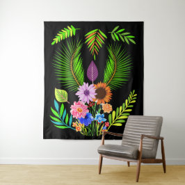 Mitternacht Blätter & Botanische Blume auf schwarz Wandteppich