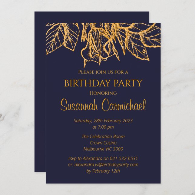 Mitternacht Blau und Gold Elegante Geburtstag Einladung (Vorne/Hinten)