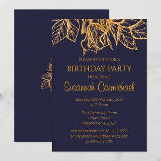 Mitternacht Blau und Gold Elegante Geburtstag Einladung