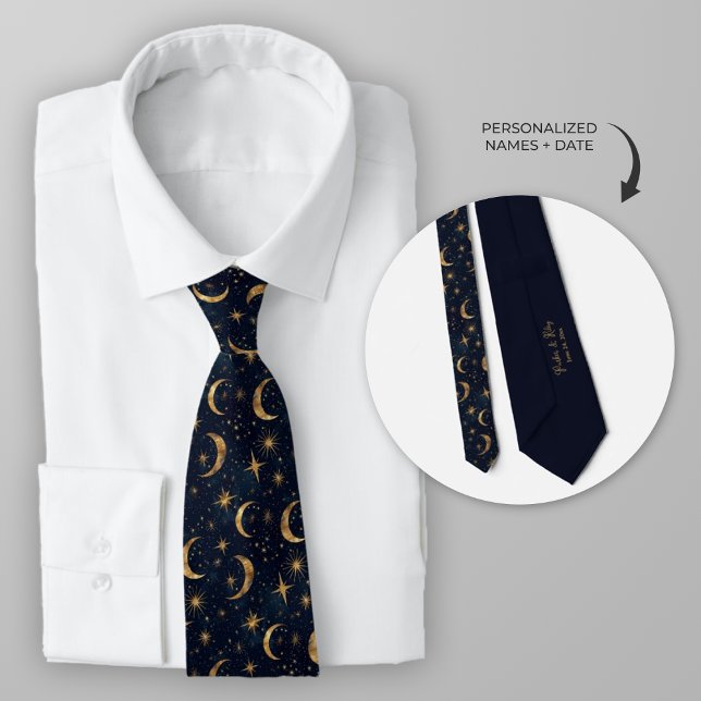 Mitternacht blauer Himmelsmond und Sterne Krawatte (Celestial Moon and Stars Wedding Necktie)