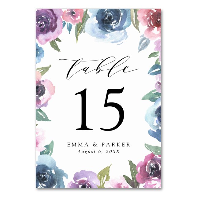Mitternacht Blooms | Hochzeit mit Lila Blütenblume Tischnummer (Vorderseite)