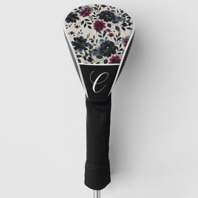 Mitternacht Blue Burgundy Inky Floral Almond Golf Headcover (Vorderseite)