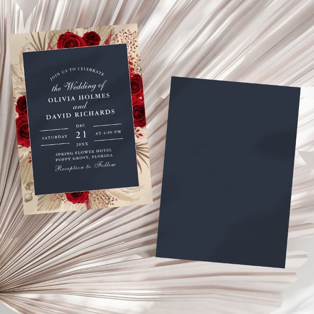 Mitternacht Blue Burgundy Rose Einladung Hochzeit (Midnight Blue Burgundy Roses Wedding Invitation on a sunny white dry palm leaf.)