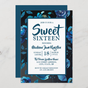 Mitternacht Blue Floral Black Elegant Sweet 16 Ein Einladung