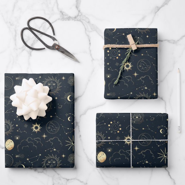 Mitternacht Blue Gold Star Konstellation Muster Geschenkpapier Set (Vorderseite)
