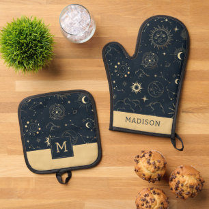 Mitternacht Blue Gold Star Konstellation Muster Ofenhandschuh & Topflappen-Set
