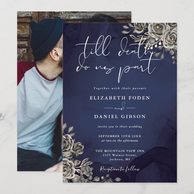 Mitternacht Blue Gothic Rose Blumenhochzeit Foto Einladung (Vorne/Hinten)