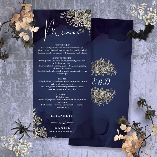 Mitternacht Blue Rose Blumengotik Hochzeitsessen Menükarte (Midnight Blue Roses Floral Gothic Wedding Dinner Menu)