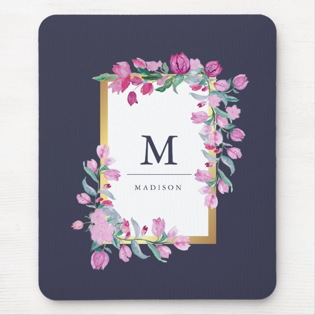 Mitternacht Blume Blue, Gold und Pink Bougainville Mousepad (Vorne)