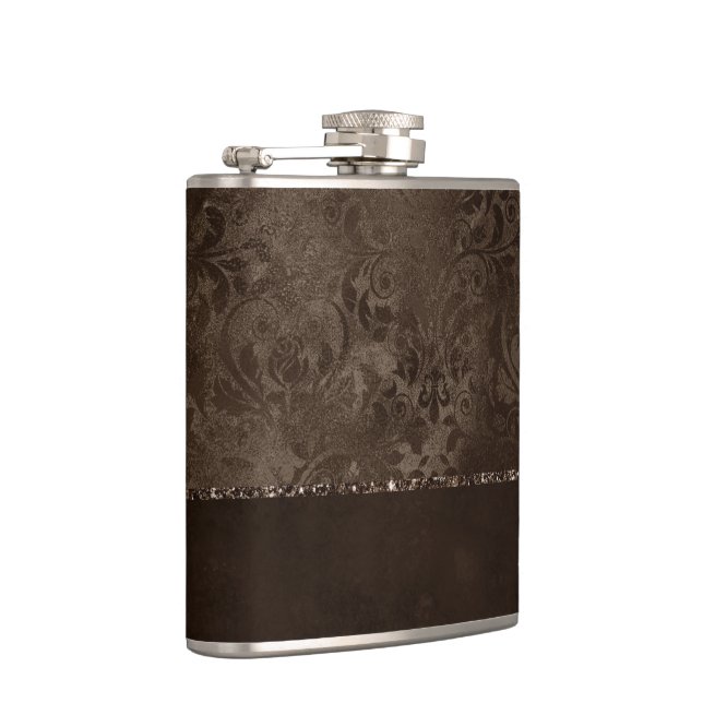 Mitternacht Bronze Romance | Satiny Grunge Damask Flachmann (Rechts)