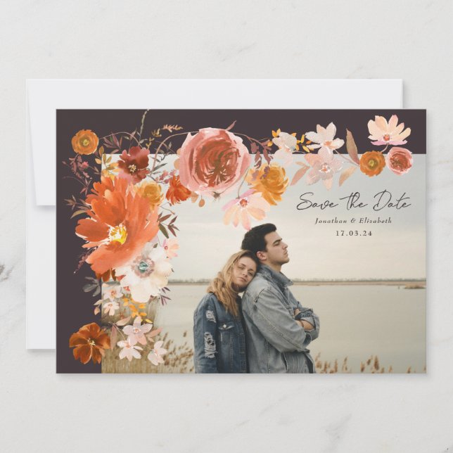 Mitternacht Burnt Orange Floral Wedding Foto Save The Date (Vorderseite)