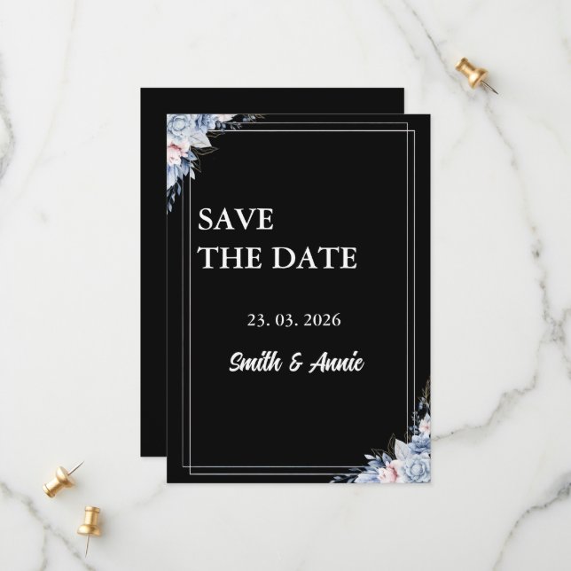 Mitternacht Elegante Save the Date Karte - Schwarz (Vorderseite/Rückseite Beispiel)