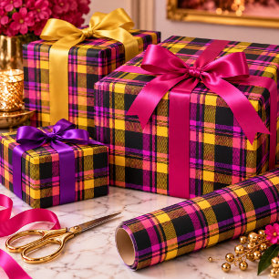 Mitternacht Fuchsia Pink Lila Gold Gewebter Tartan Geschenkpapier