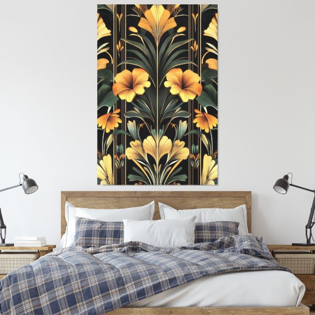 Mitternacht Gold Bloom Art Deco Leinwanddruck (Insitu (Schlafzimmer))