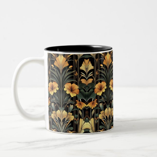 Mitternacht Gold Bloom Art Deco Zweifarbige Tasse (Links)