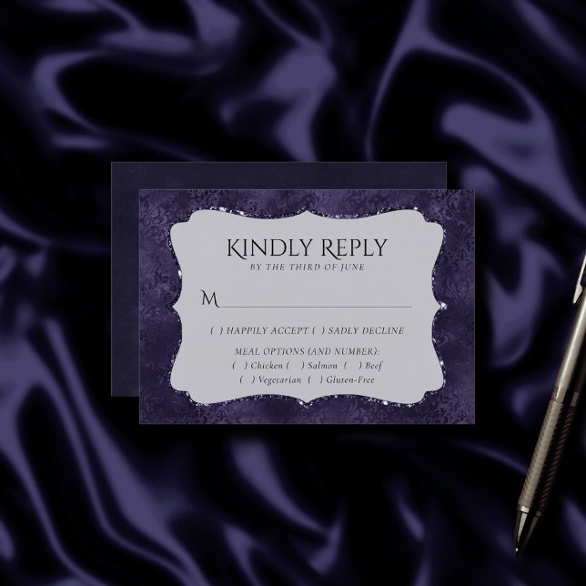 Mitternacht Indigo Romance | Satiny Damask Entree RSVP Karte (Von Creator hochgeladen)