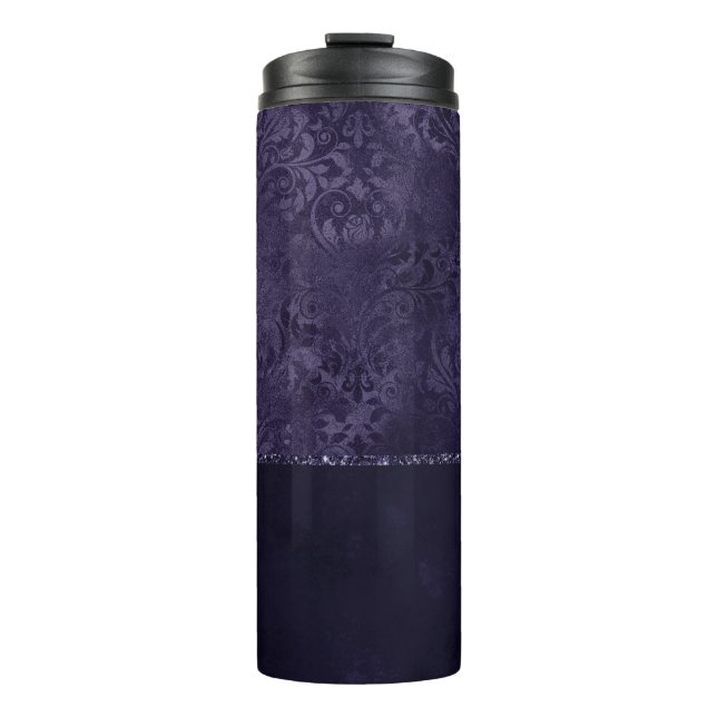 Mitternacht Indigo Romance | Satiny Grunge Damask Thermosbecher (Vorderseite)
