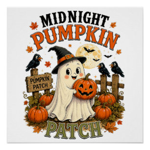 Mitternacht-Kürbisfeld-Geist-Halloween Poster