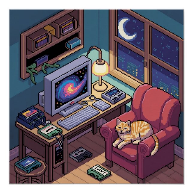 Mitternacht Lofi Pixel Art Retro Zimmer Poster (Vorderseite)