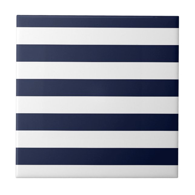 Mitternacht Navy Blue und White Stripes Fliese (Vorderseite)
