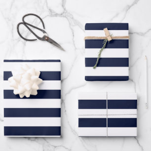 Mitternacht Navy Blue und White Stripes Geschenkpapier Set