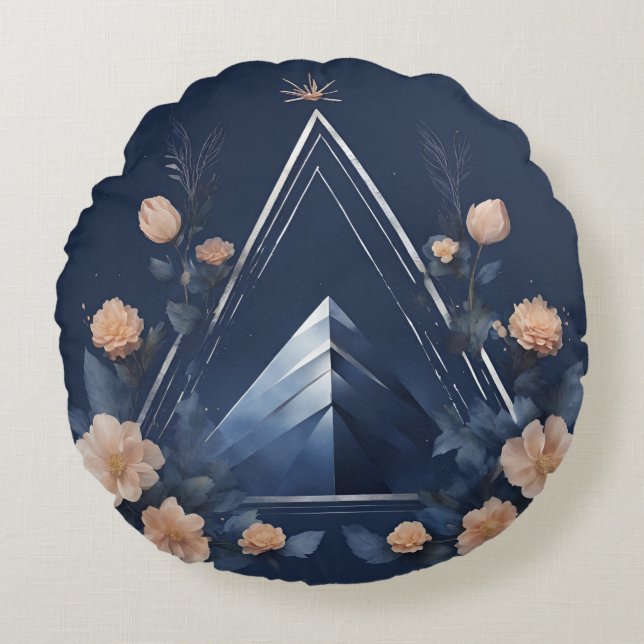 Mitternacht Pyramide Dreamscape Floral AI Art Rundes Kissen (Vorderseite)