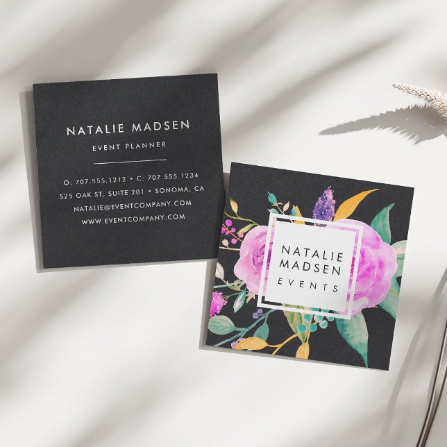 Mitternacht Rosa Floral | Schwarz Quadratische Visitenkarte (Von Creator hochgeladen)