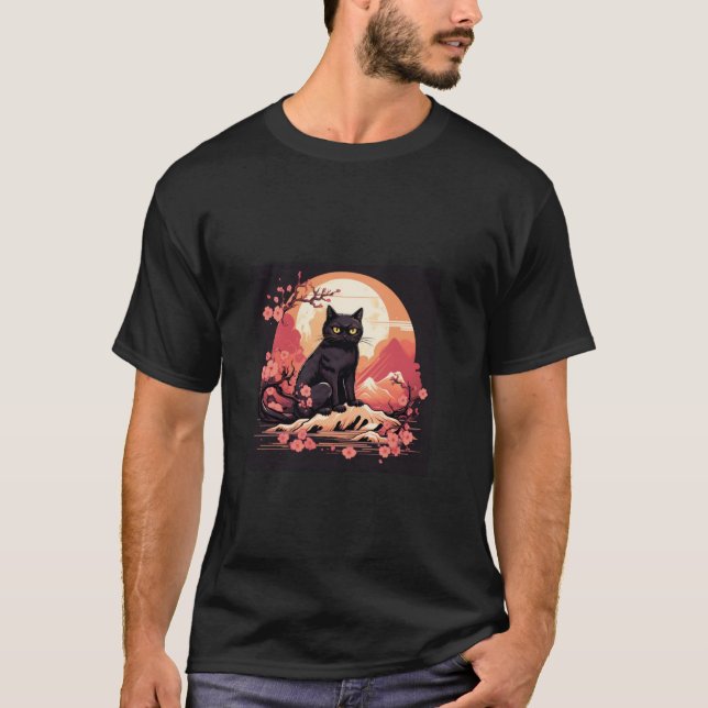 Mitternacht Sakura Black Cat Moon und Kirschblüten T-Shirt (Vorderseite)