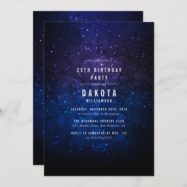 Mitternacht Sky & Shinzon Stars Galaxy Geburtstags Einladung (Vorne/Hinten)