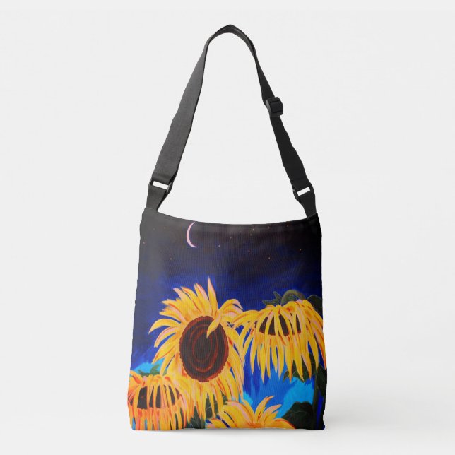 Mitternacht Sonnenblumen Crossbody Bag Tragetaschen Mit Langen Trägern (Vorderseite)
