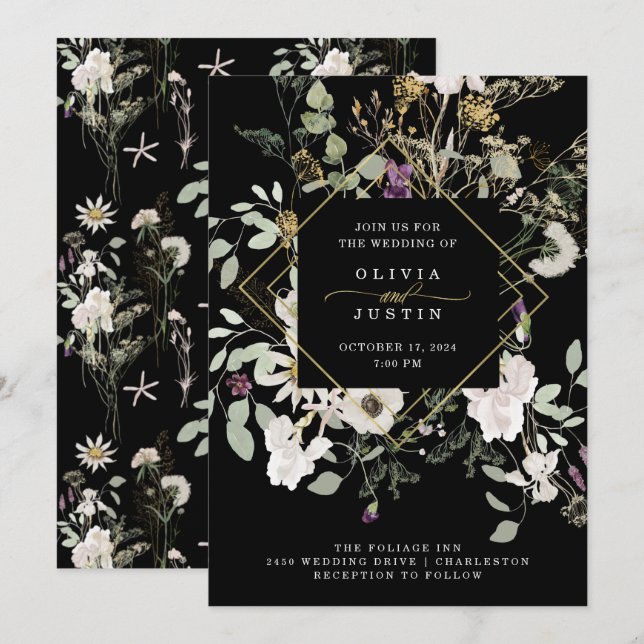 Mitternacht-Wildblumen | Schwarze geometrische Hoc Einladung (Vorne/Hinten)